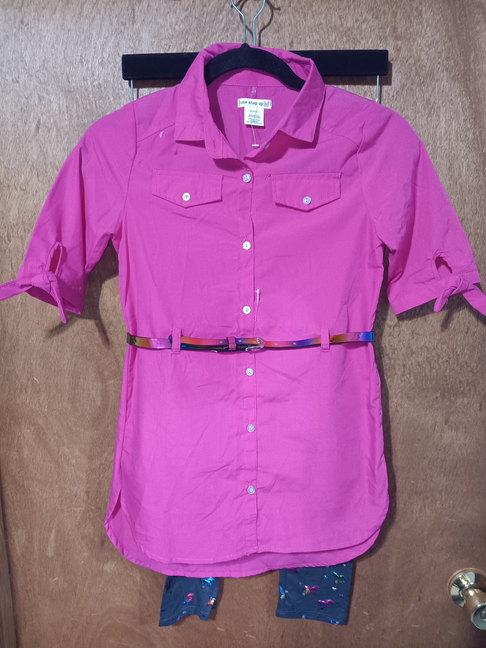 One Step Ahead Hot Pink Button-Down Shirt with Slim Metallic Belt